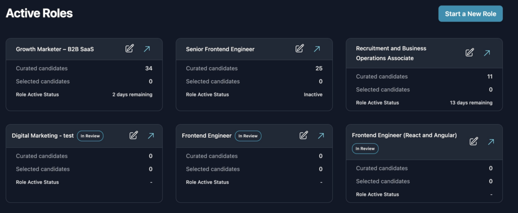Babblebots dashboard for AI-driven recruitment in startups showing active roles and curated candidates